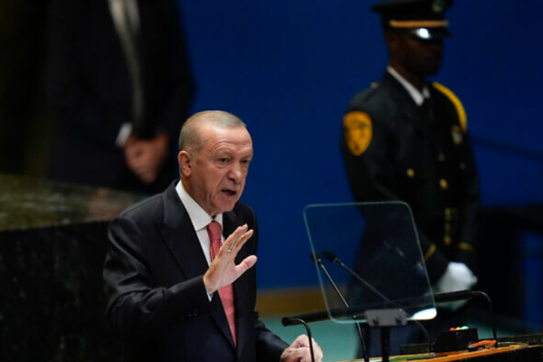 Turkey President Recep Tayyip Erdoğan addresses the 79th session of the United Nations General Assembly, Tuesday, Sept. 24, 2024, at UN headquarters. (AP Photo/Julia Demaree Nikhinson)