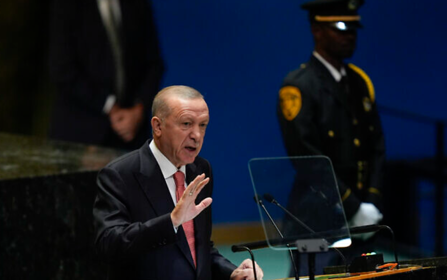 Turkey President Recep Tayyip Erdoğan addresses the 79th session of the United Nations General Assembly, Tuesday, Sept. 24, 2024, at UN headquarters. (AP Photo/Julia Demaree Nikhinson)